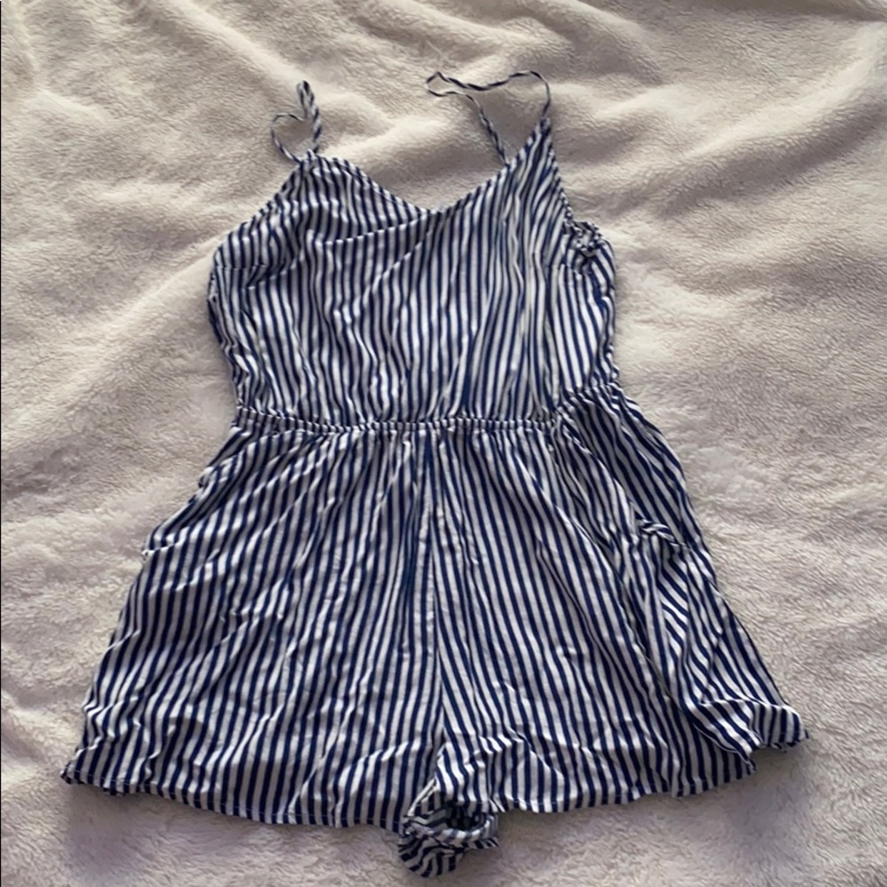blue and white stripped romper